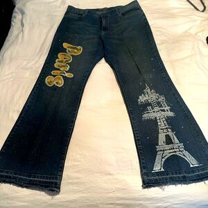 Crest Women's Flare Jeans with Paris Design - Blue and Yellow